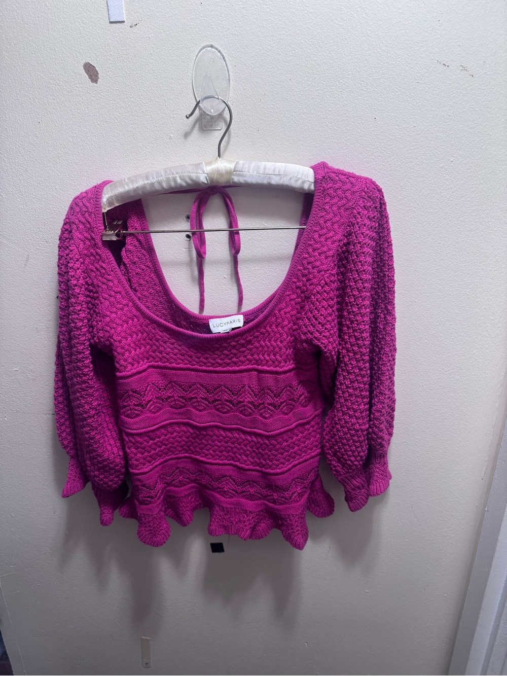 Lucy Paris Bright Fuchsia Scoop Neck Ruffle-Hem Sweater size small